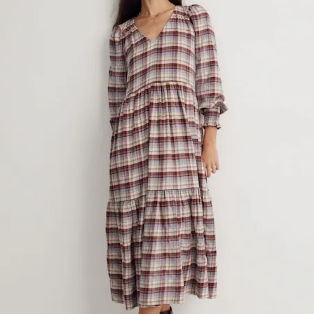 Madewell V-Neck Plaid Flannel Midi Dress in Burgundy, Periwinkle and White